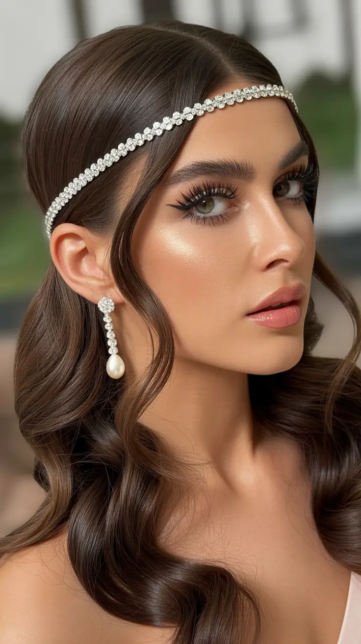 christmas party hairstyles glam waves with crystal headband