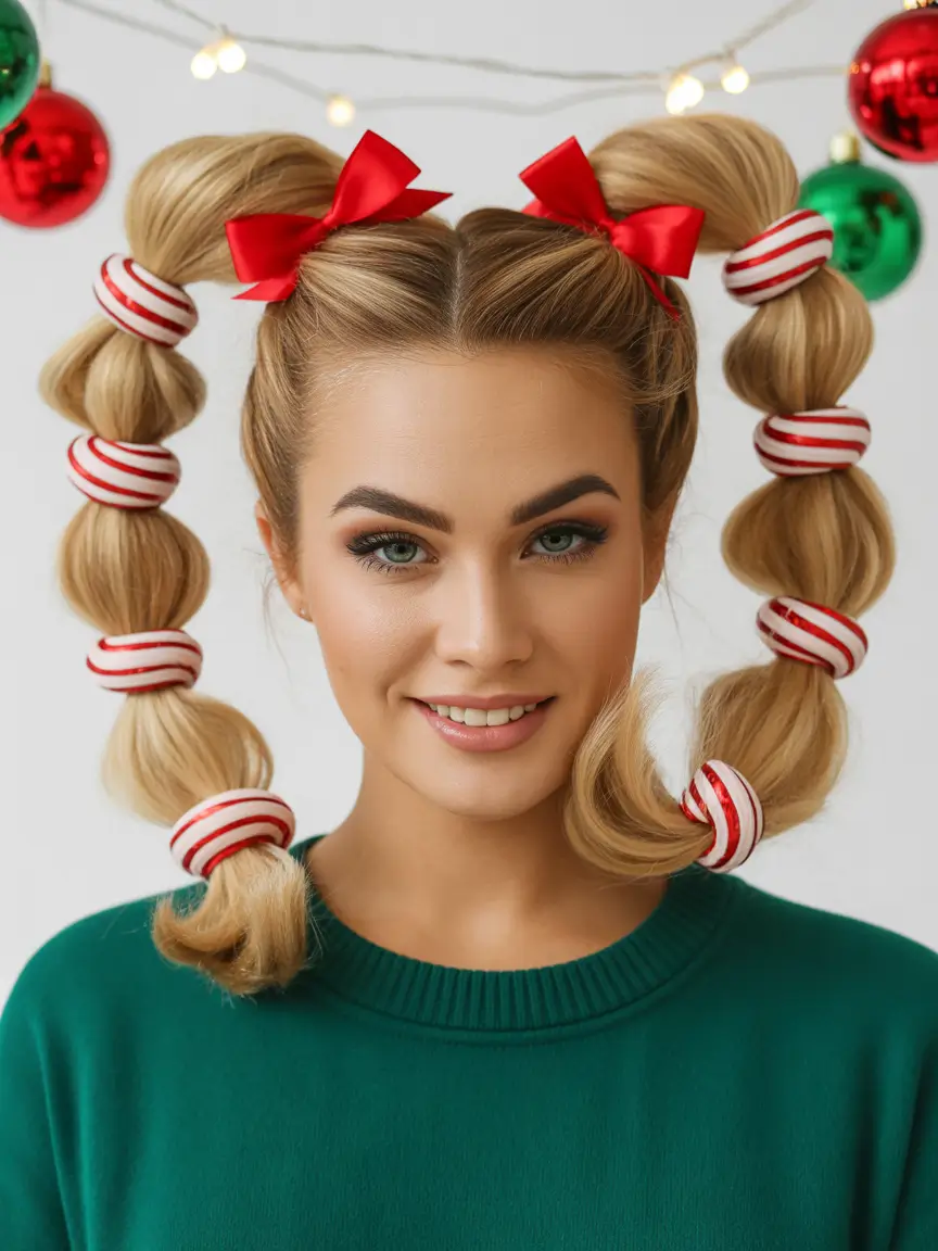 christmas party hairstyles candy cane bubble pigtails