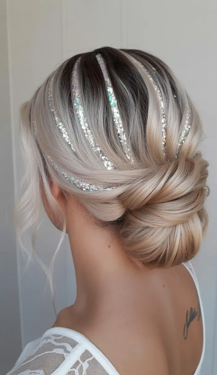 christmas party hairstyles glitter lined low bun