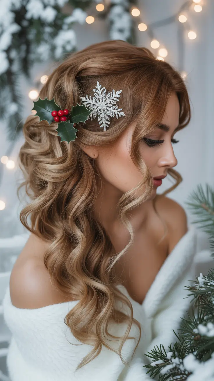 christmas party hairstyles soft curls with holly and snowflake