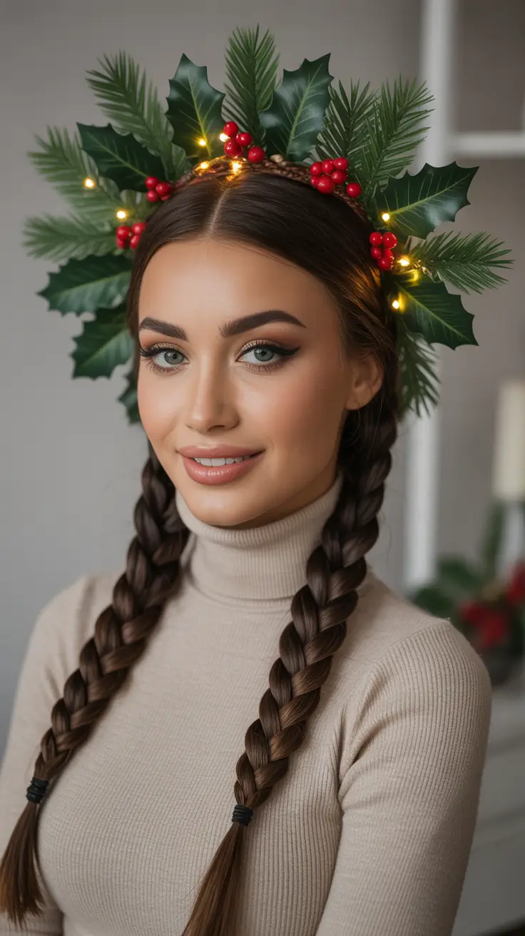 christmas party hairstyles holiday braids with holly crown