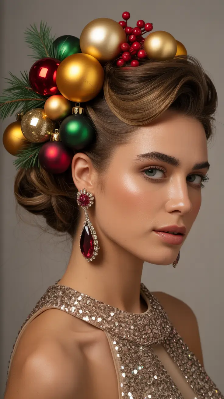 christmas party hairstyles golden ornament glam updo
