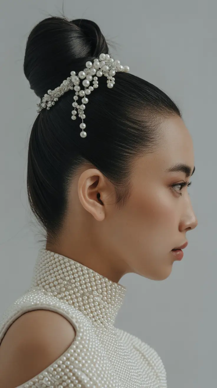 christmas party hairstyles pearl crown sleek bun