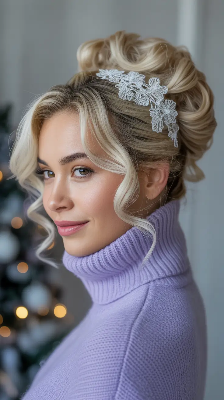 christmas party hairstyles romantic updo with lace detail