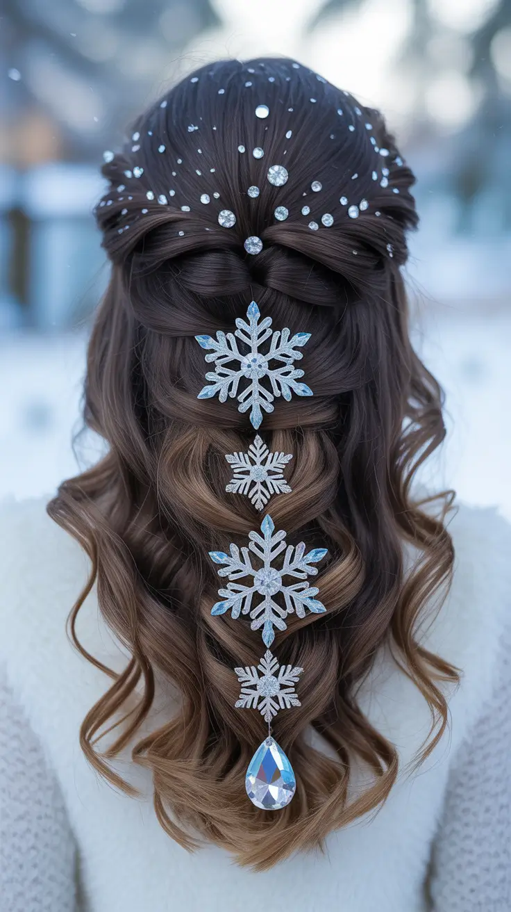 christmas party hairstyles snowflake crystal half-updo