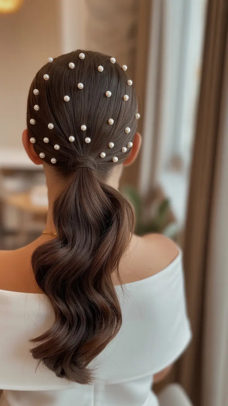 christmas party hairstyles pearl-studded ponytail