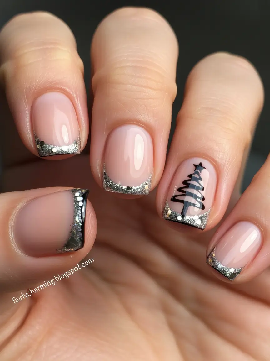 christmas tree nails Glimmering Silver Tips with a Festive Twist
