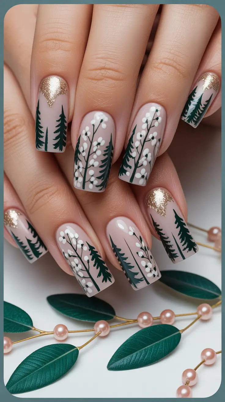 christmas tree nails Golden Frost and Forest Blooms