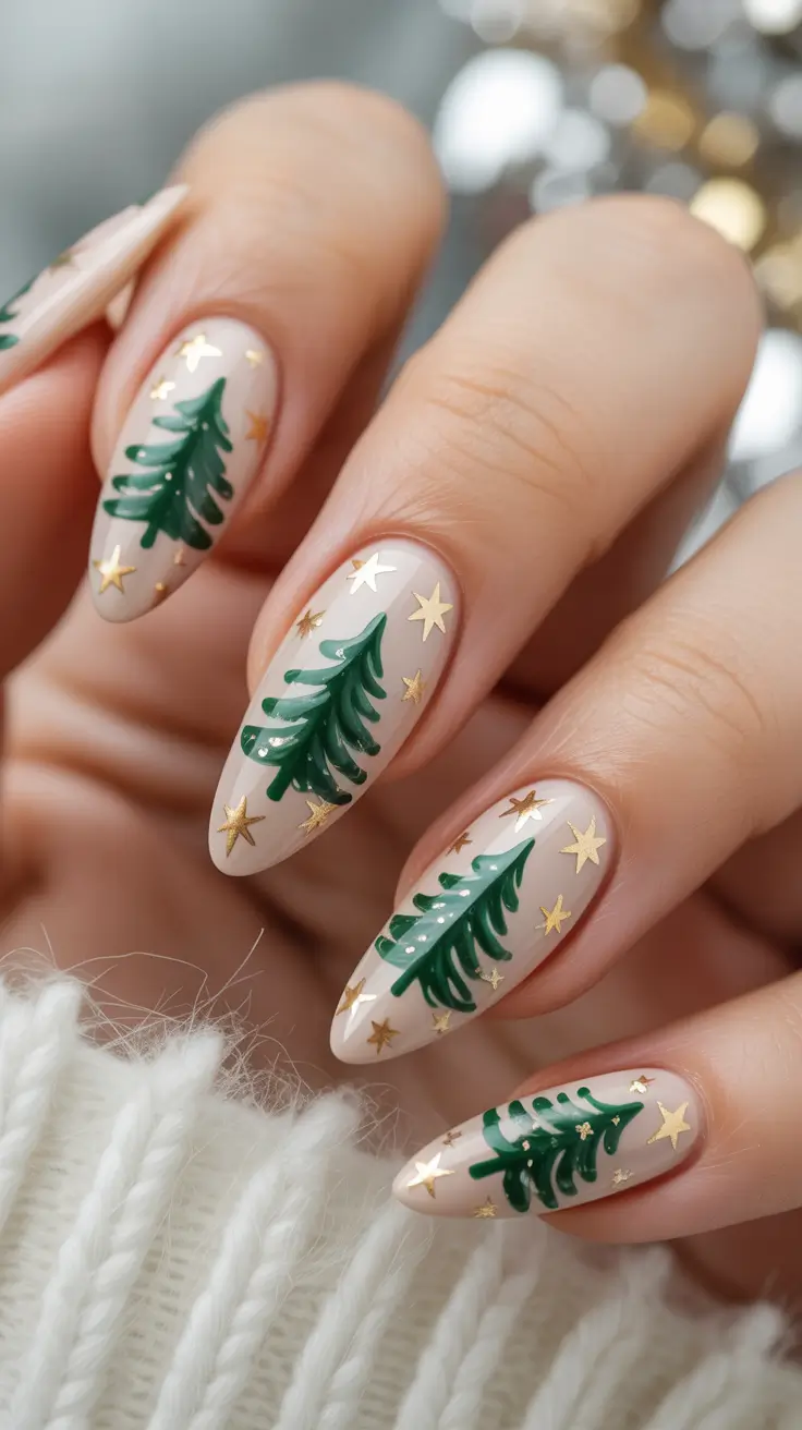 christmas tree nails Starlit Pines on Nude Canvas