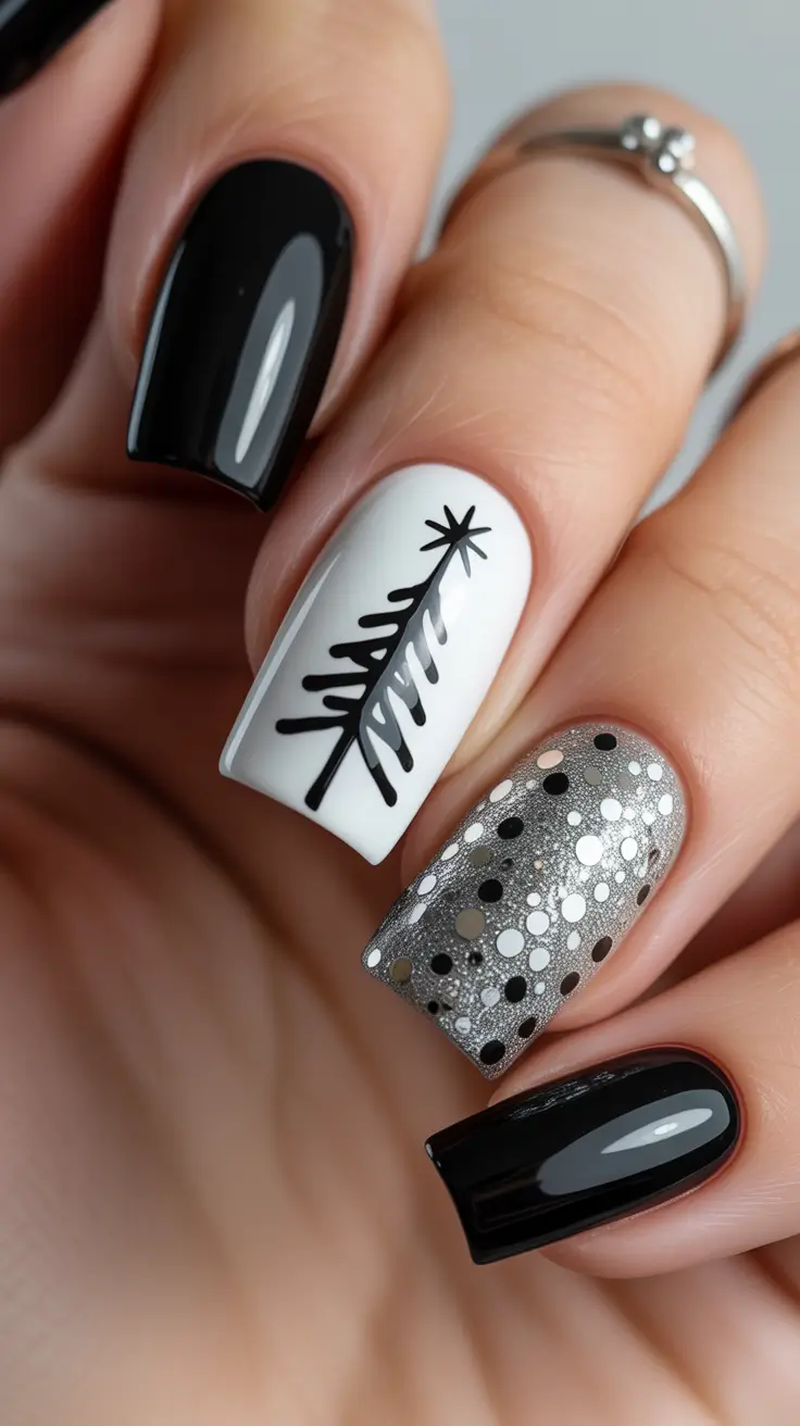 christmas tree nails Midnight Spark and Monochrome Pines