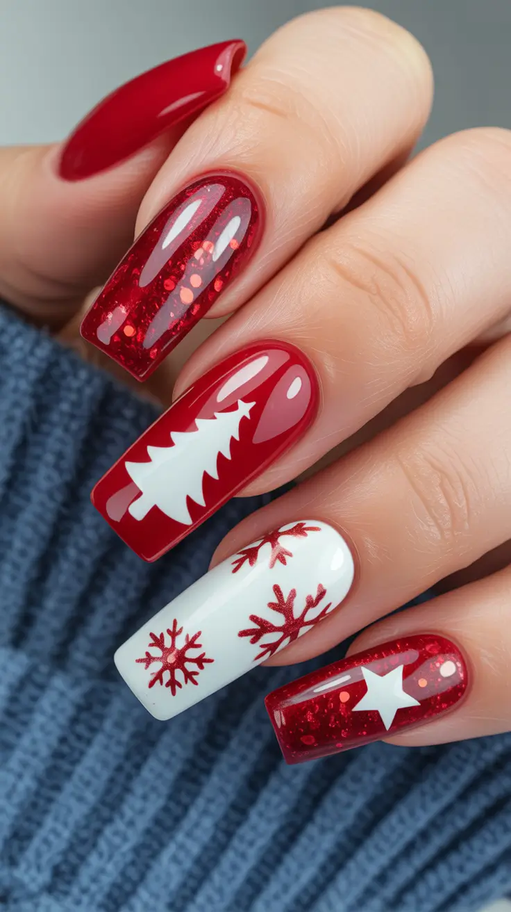 christmas tree nails Classic Red and White Holiday Charm