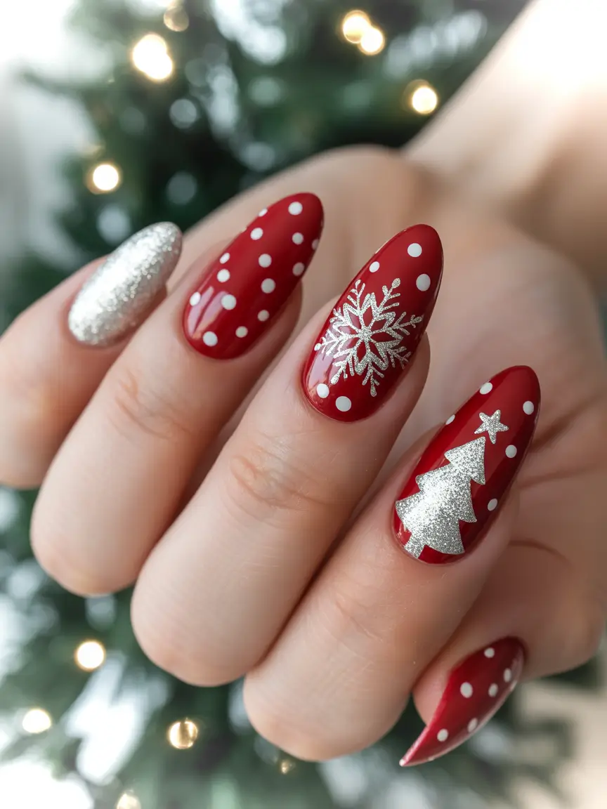 christmas tree nails Silver Sparkle on Red Velvet