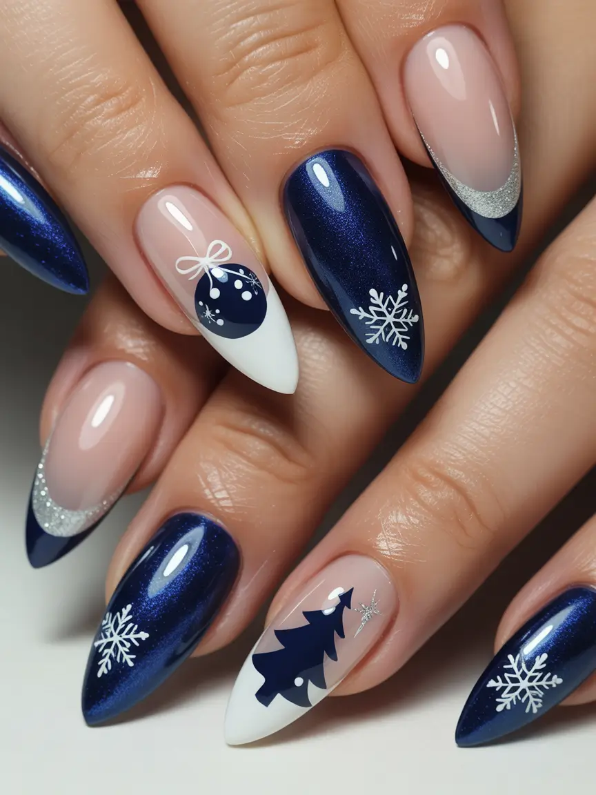 christmas tree nails Midnight Blue Elegance