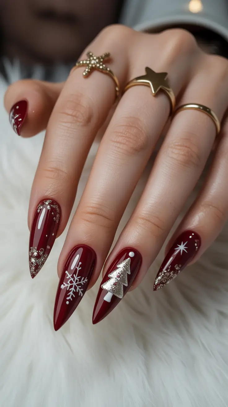 christmas tree nails Golden Merlot Magic