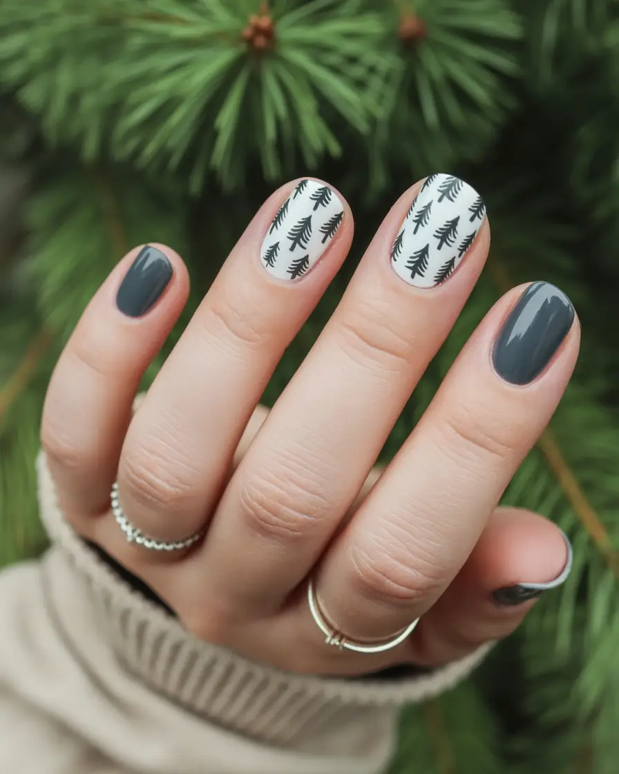 christmas tree nails Monochrome Pines and Cozy Grays