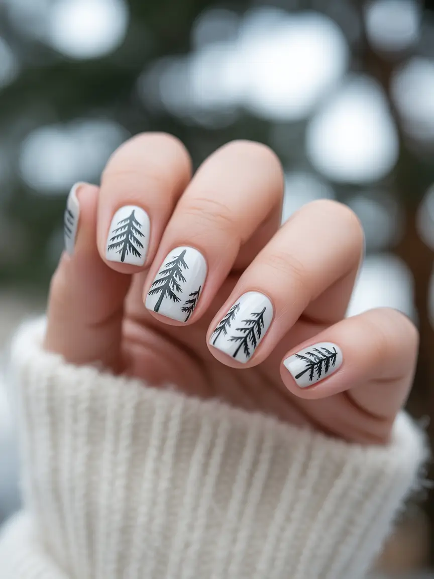 christmas tree nails Monochrome Pine Silhouettes