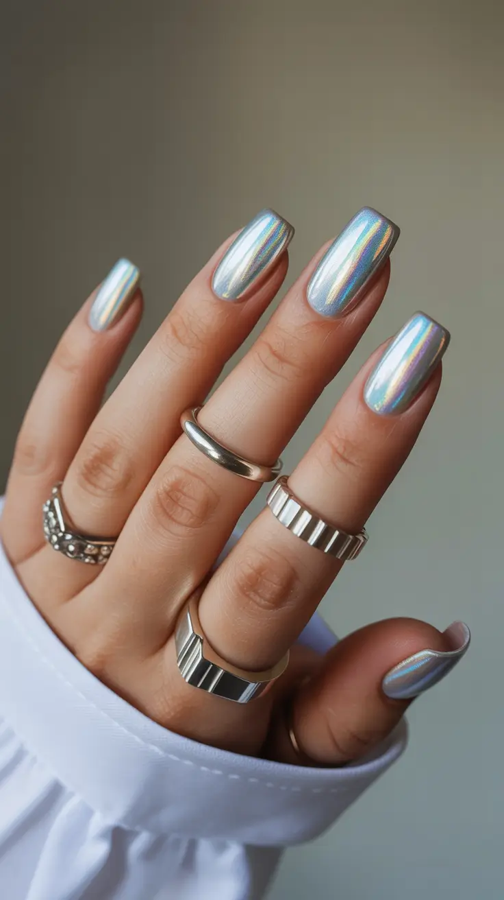 classy winter nails Holographic Ice Mirror