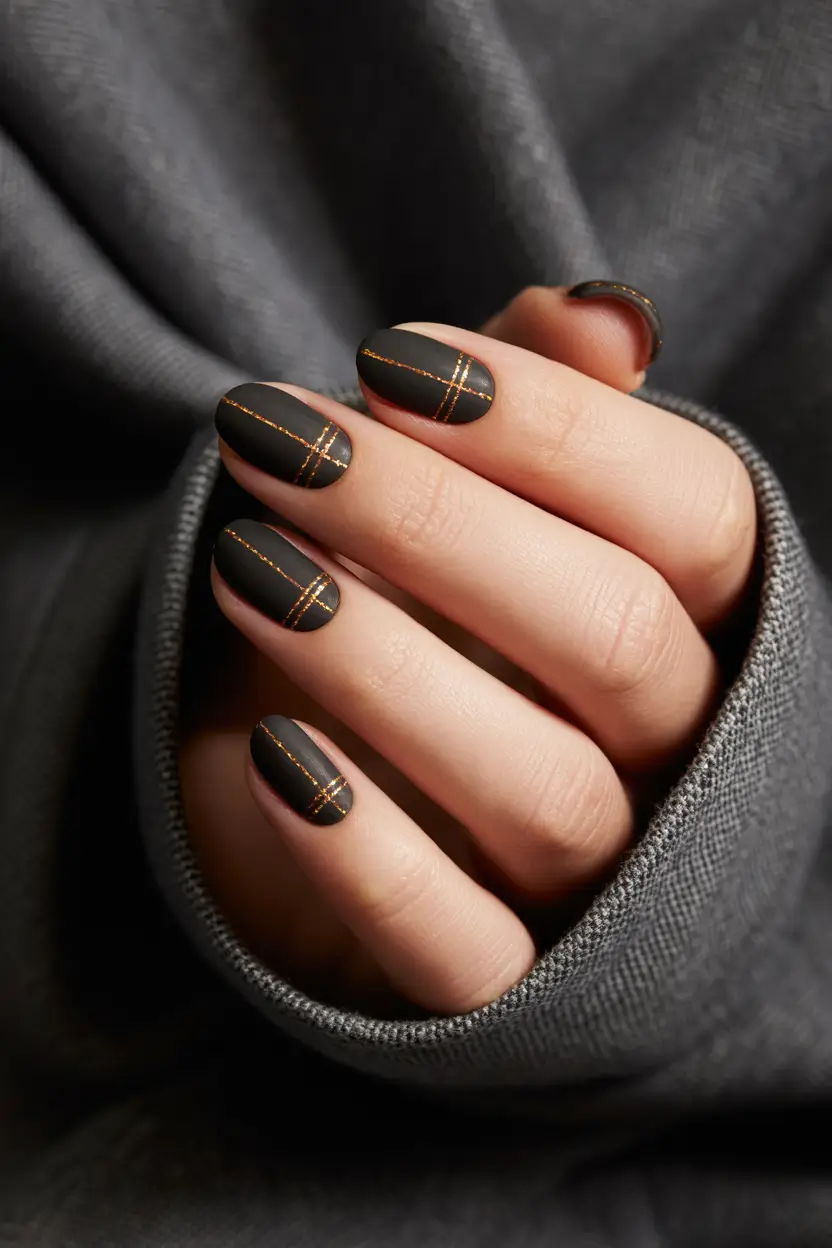 classy winter nails Black Velvet with Golden Grid