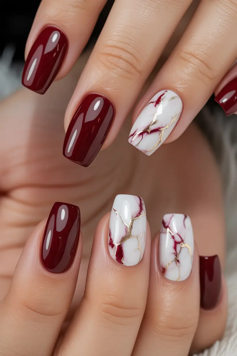 classy winter nails Crimson Marble Royalty