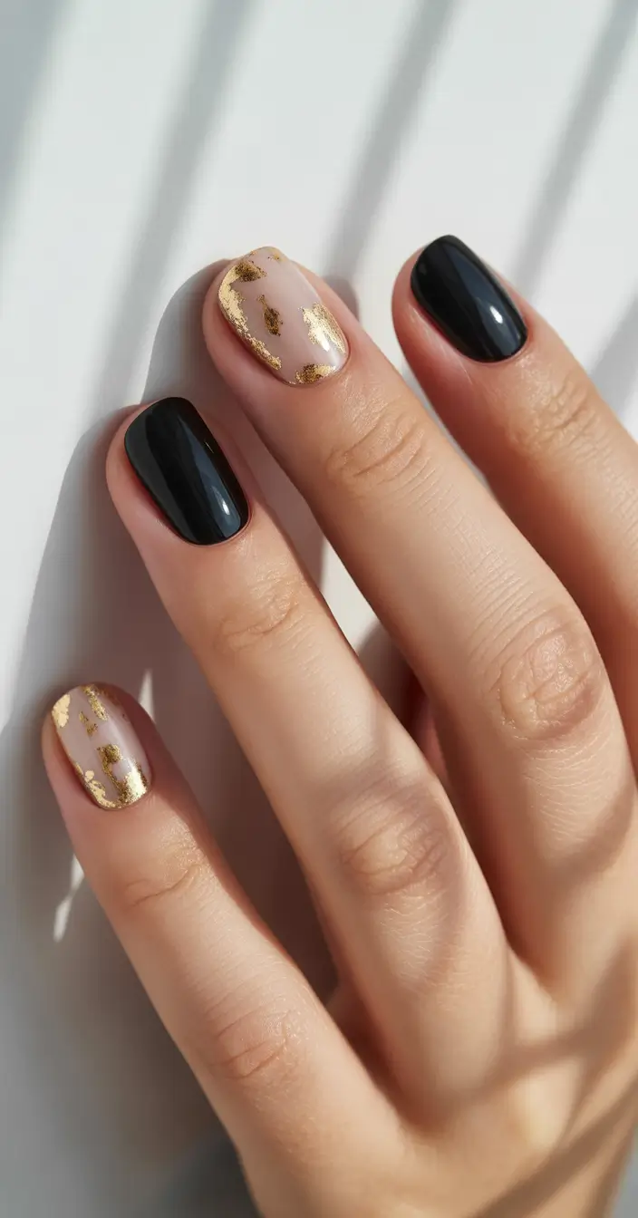 classy winter nails Black and Gold Leaf Harmony