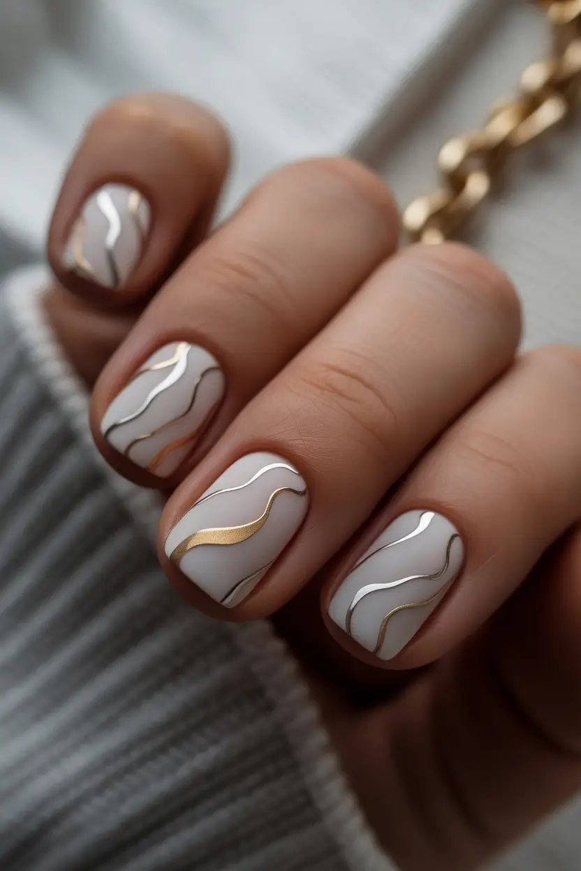 classy winter nails White and Gold Wave Minimalism