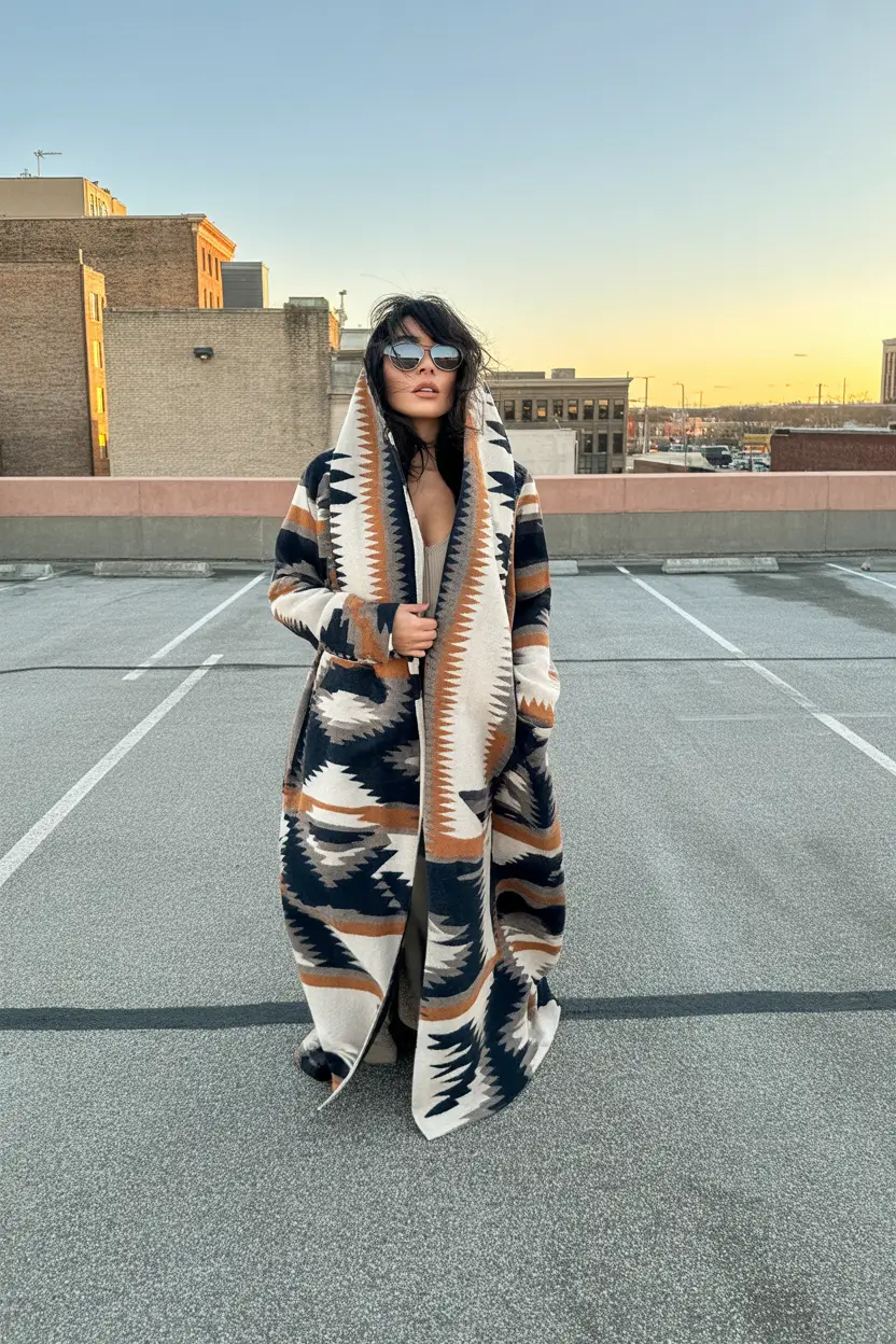 cozy winter outfits Southwestern Blanket Coat Drama