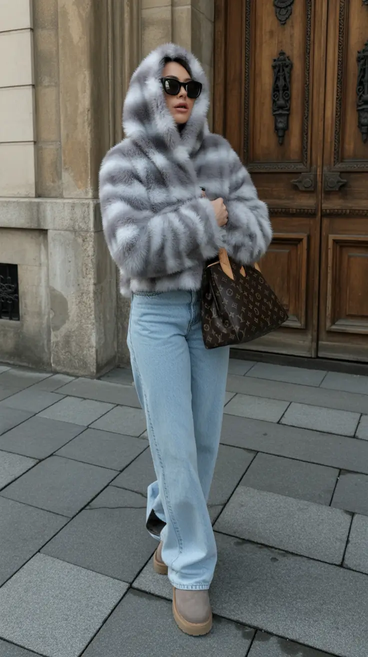 cozy winter outfits Striped Faux Fur and Jeans