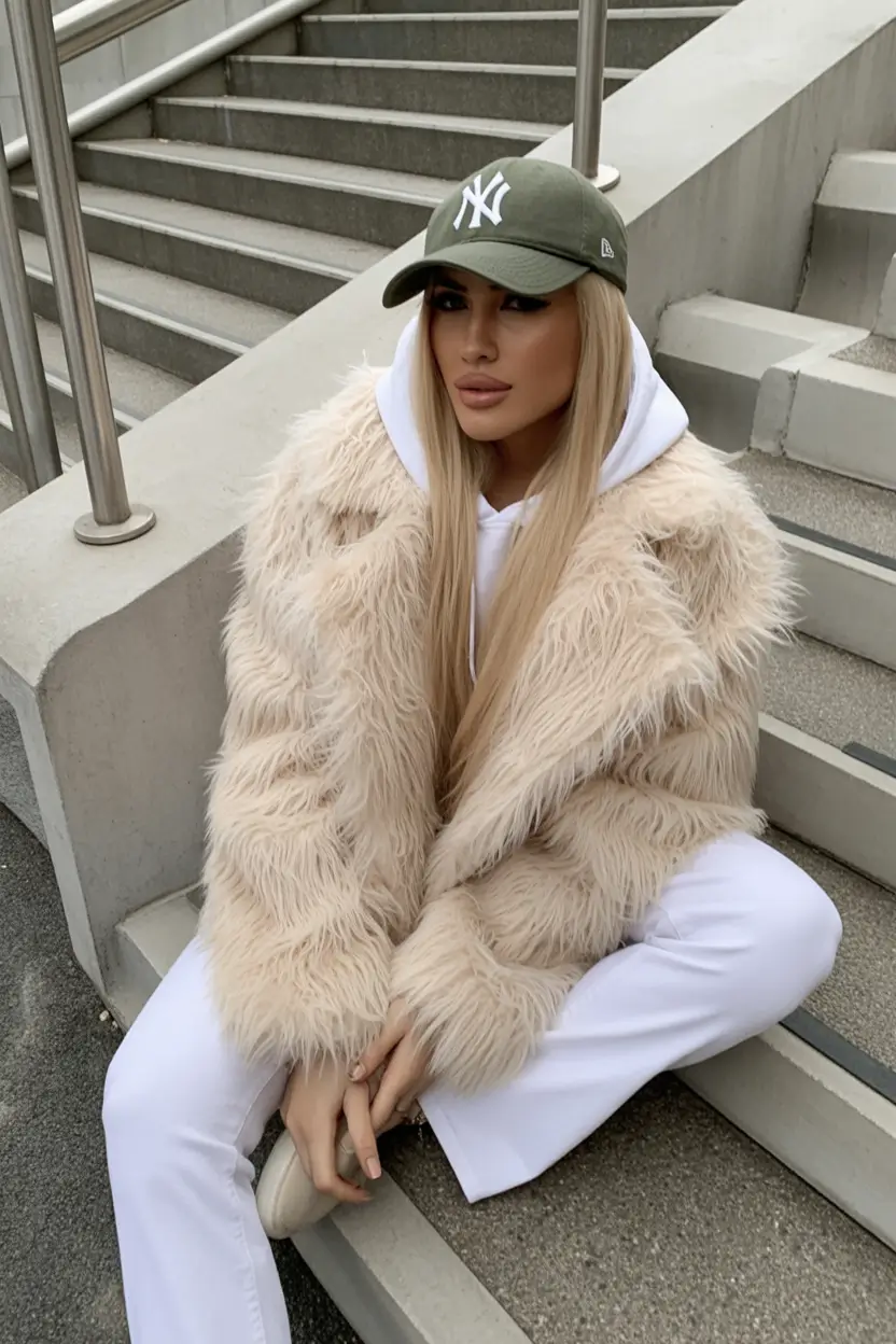 cozy winter outfits Fluffy Beige Glam with Streetwear Twist