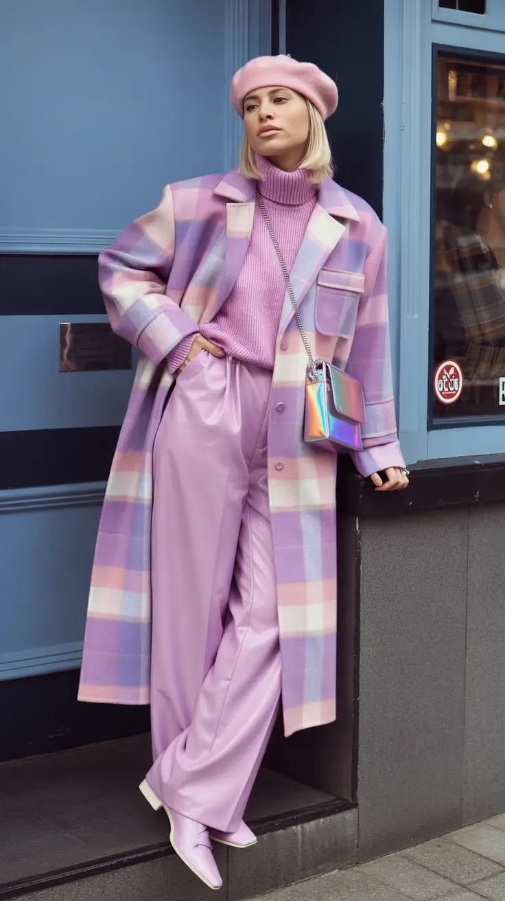 cozy winter outfits Purple Monochrome with Parisian Charm
