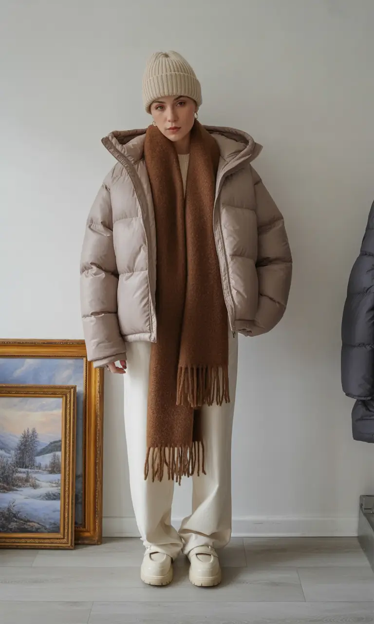 cozy winter outfits Beige Puffers with Chocolate Accents
