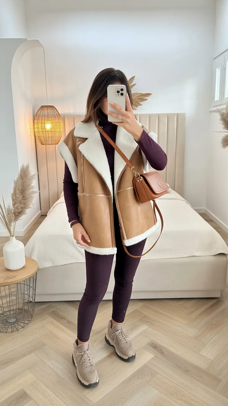 cozy winter outfits Shearling Vest with Ribbed Layers