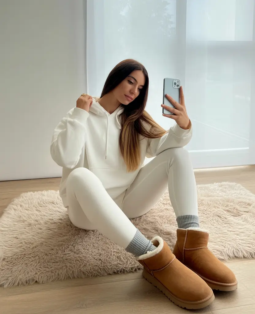 cozy winter outfits All-White Loungewear with Uggs