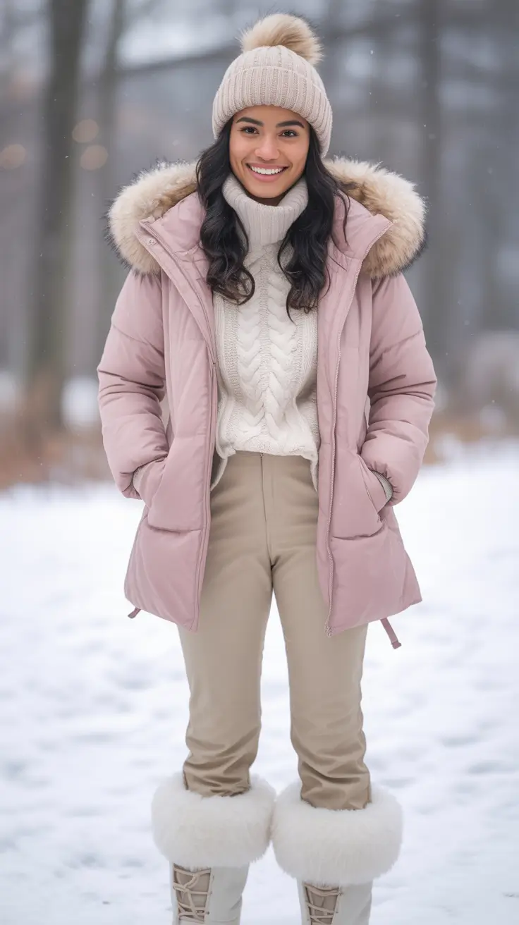 cozy winter outfits Pastel Puffers and Playful Knitwear