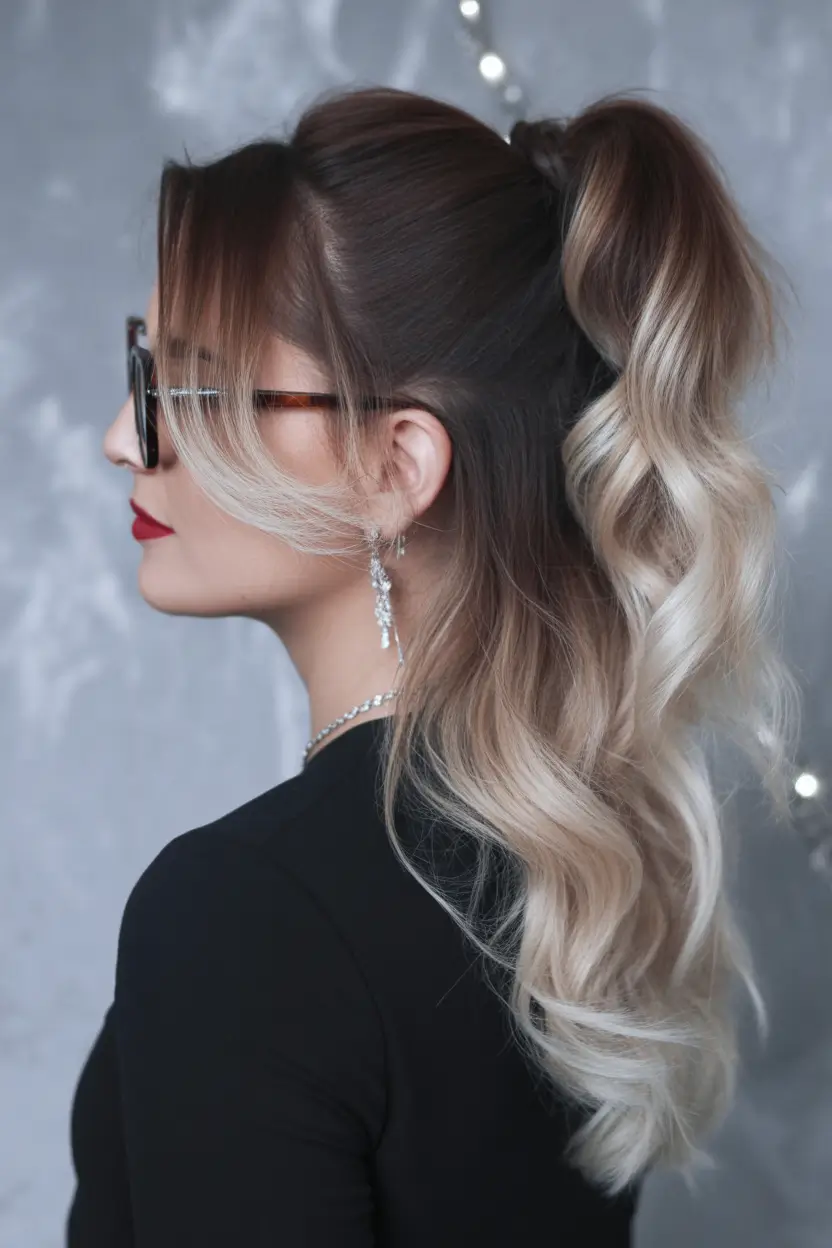 cute winter hairstyles Soft Glam High Ponytail with Caramel Ends