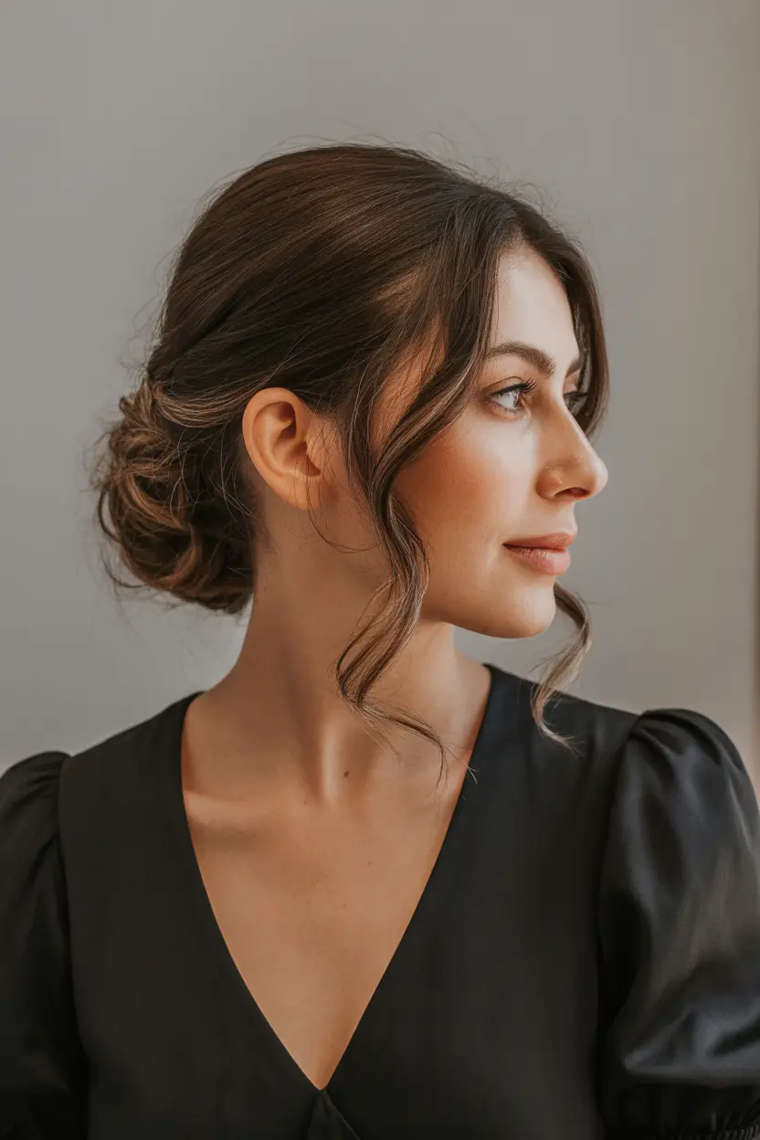 cute winter hairstyles Soft Romantic Low Bun with Face-Framing Strands