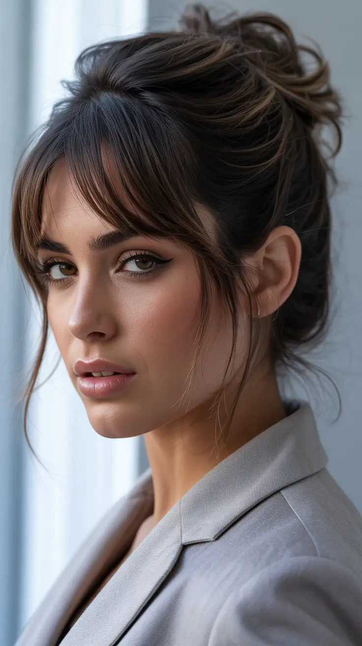 cute winter hairstyles Messy French Bun with Curtain Bangs