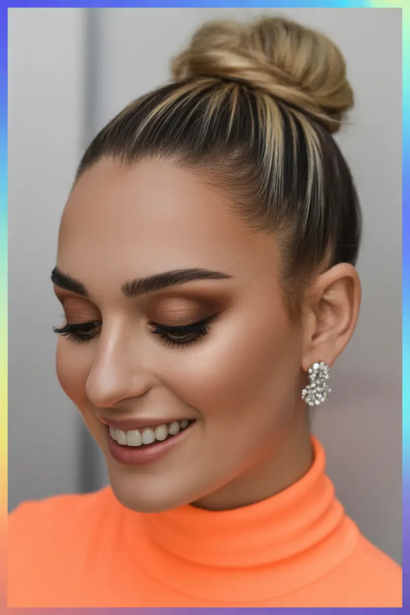 cute winter hairstyles Sleek High Bun with Blonde Highlights