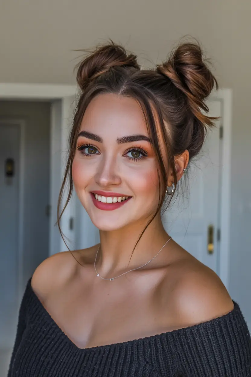cute winter hairstyles Playful Double Space Buns