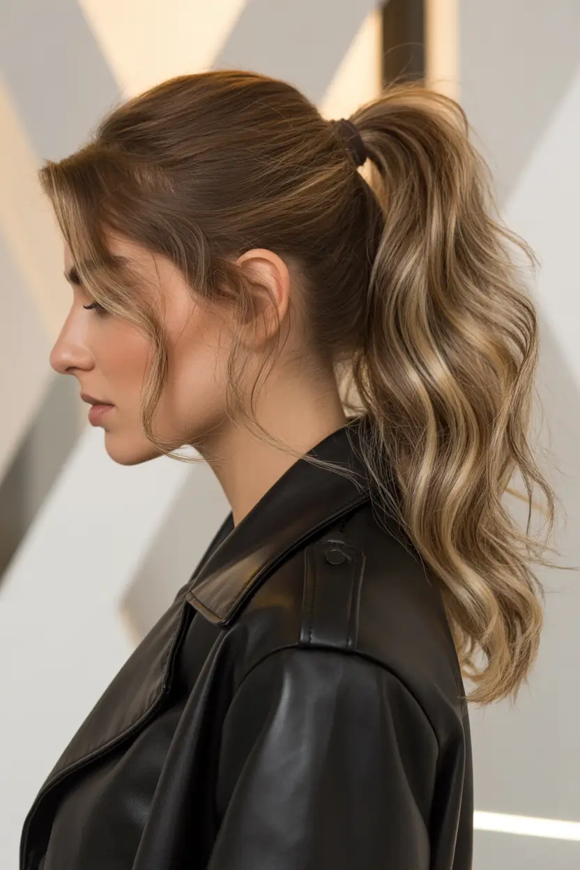 cute winter hairstyles Wavy Ponytail with Face-Framing Strands
