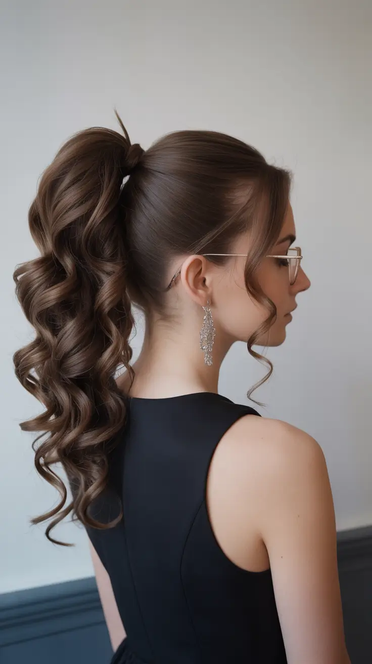 cute winter hairstyles Voluminous Curly Ponytail with Deep Brunette Shine