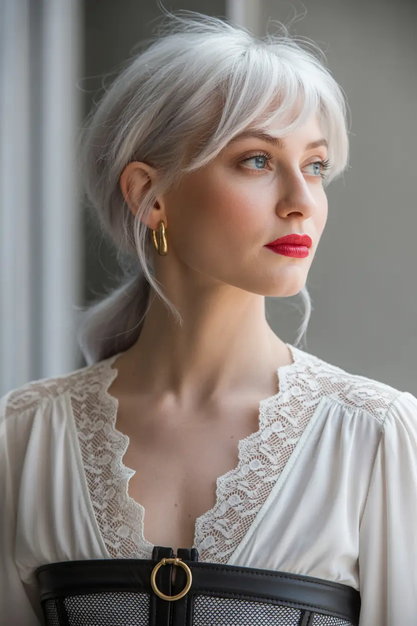 cute winter hairstyles Frosty Silver Bob with Wispy Bangs