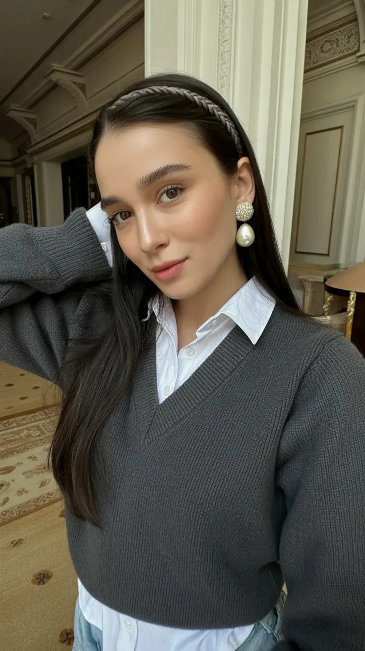 cute winter hairstyles Polished Straight Hair with Braided Headband