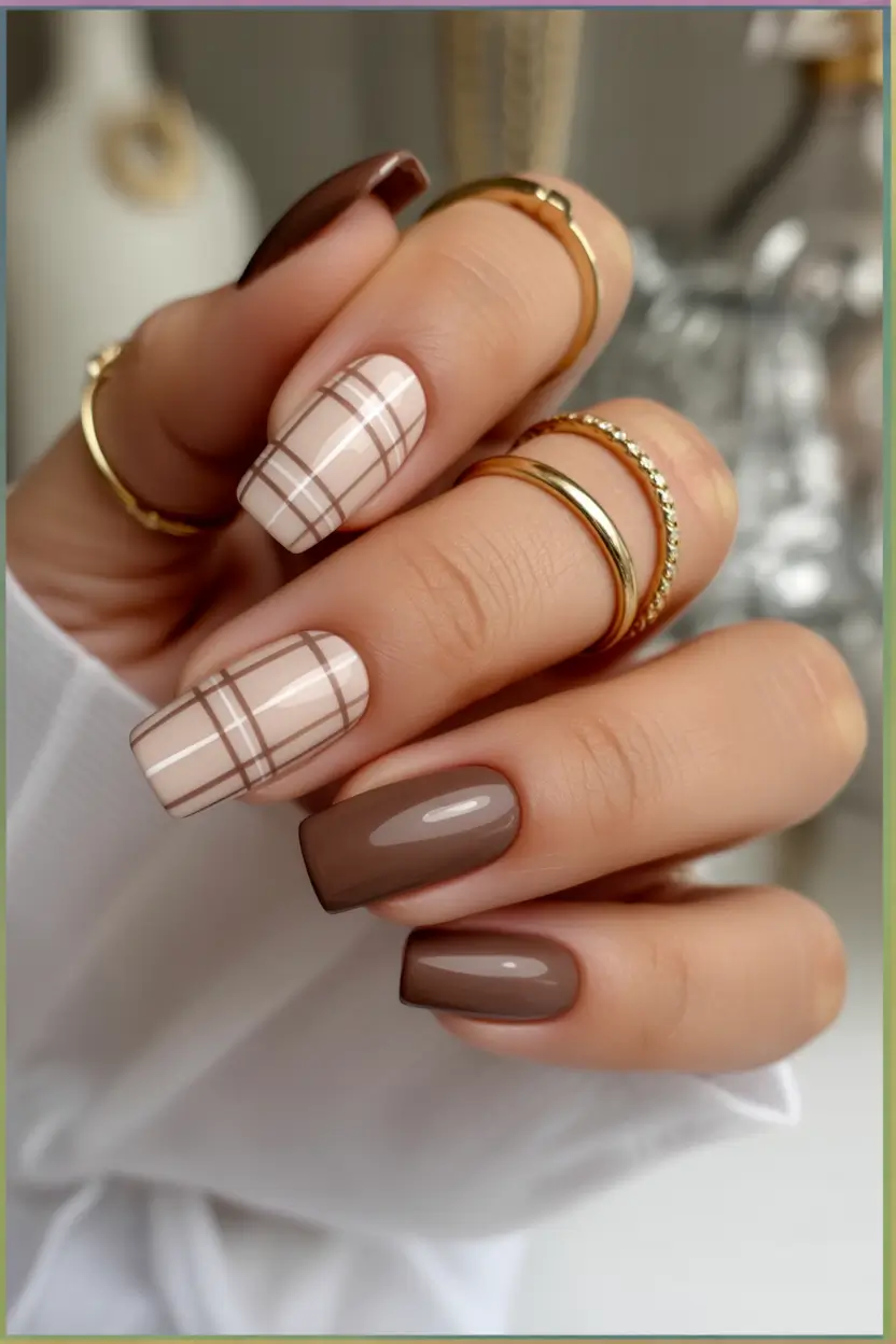 cute winter nails Cozy Cocoa Plaid