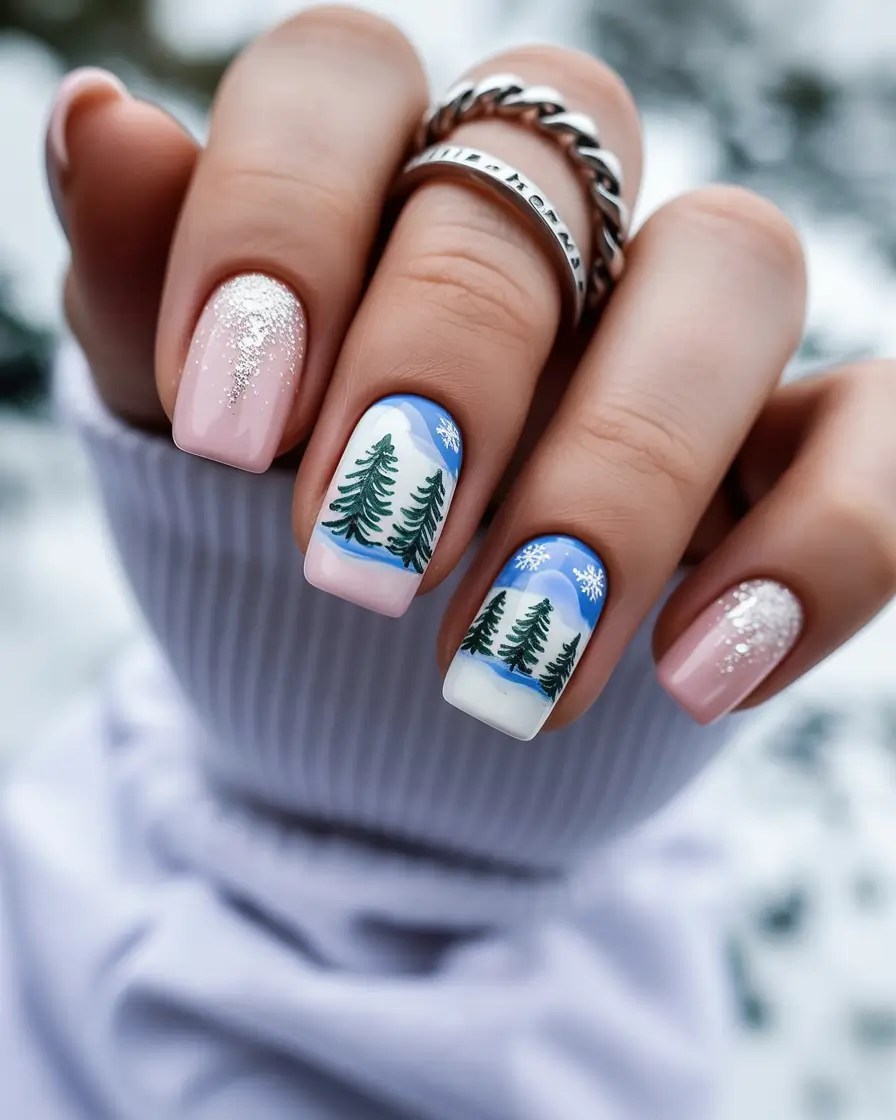 cute winter nails Snowy Forest Magic