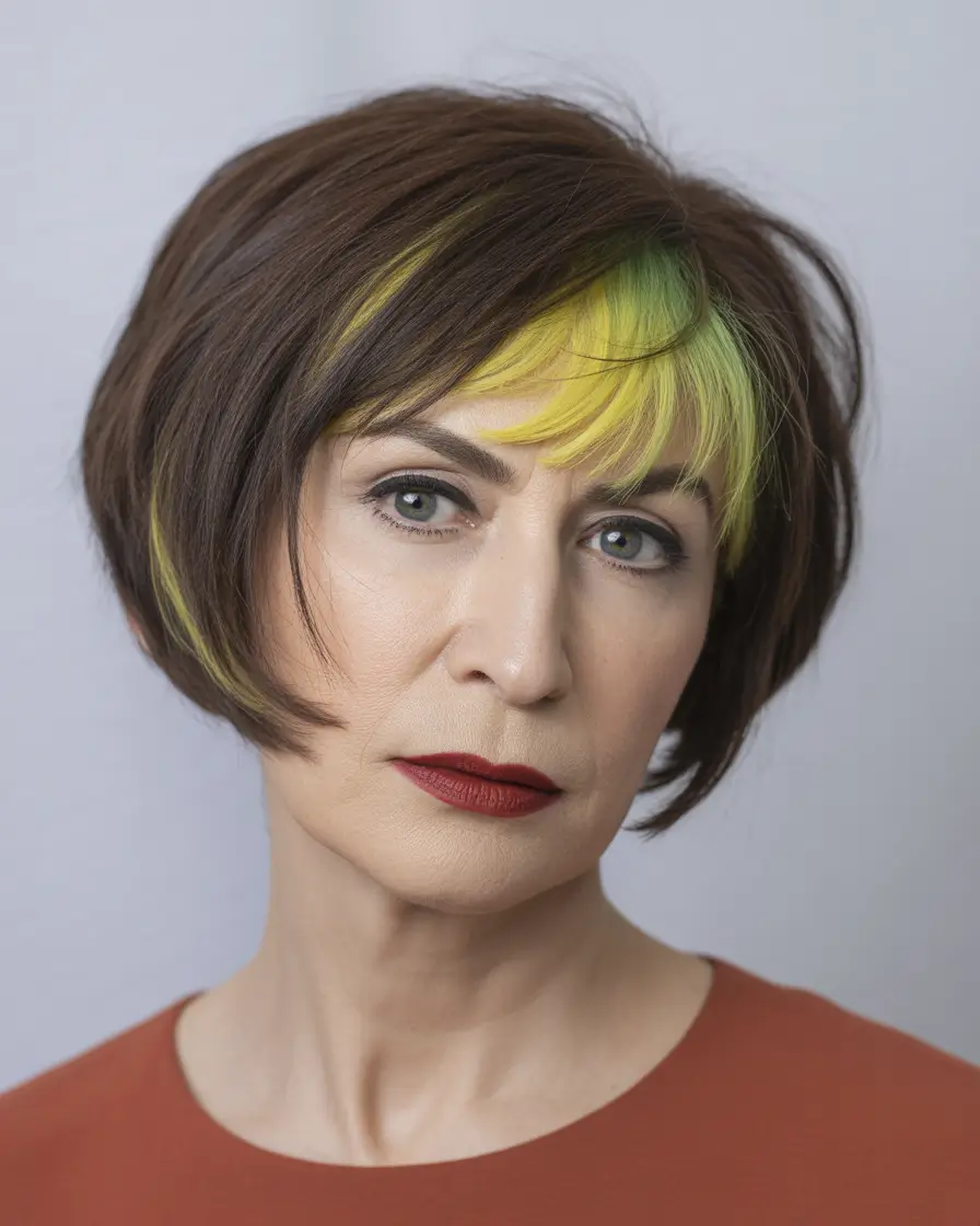 Dark Winter Hair Color Chestnut with Neon Accent Bangs