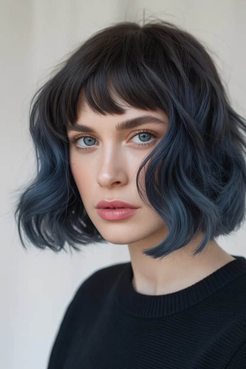 Dark Winter Hair Color Steel Blue Bob with Airy Bangs
