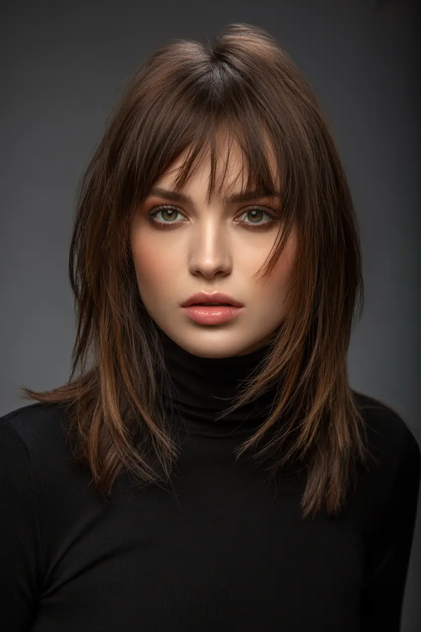 Dark Winter Hair Color Textured Chocolate Shag with Wispy Fringe