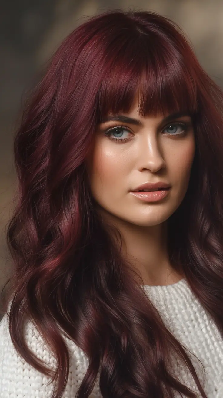 Dark Winter Hair Color Mulberry Shine with Bangs