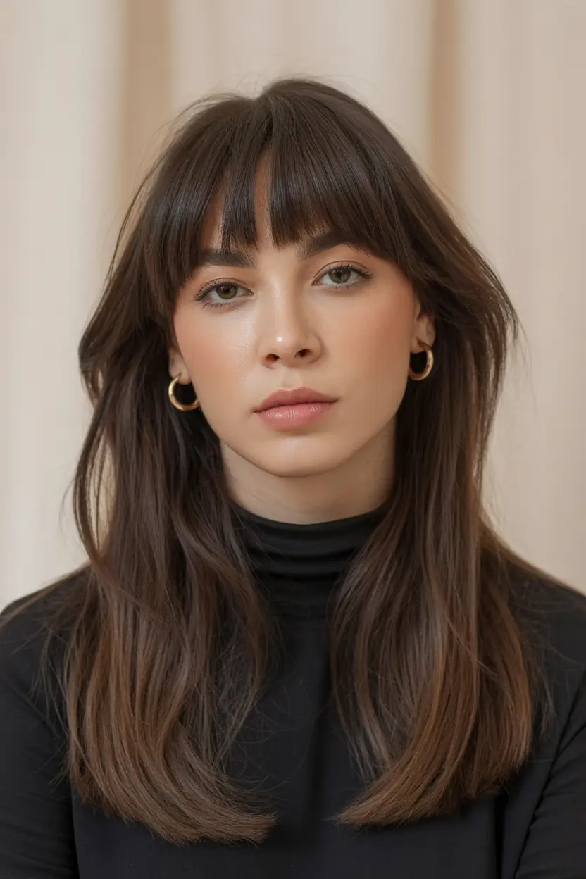 Dark Winter Hair Color Soft Cocoa Brunette with Bangs