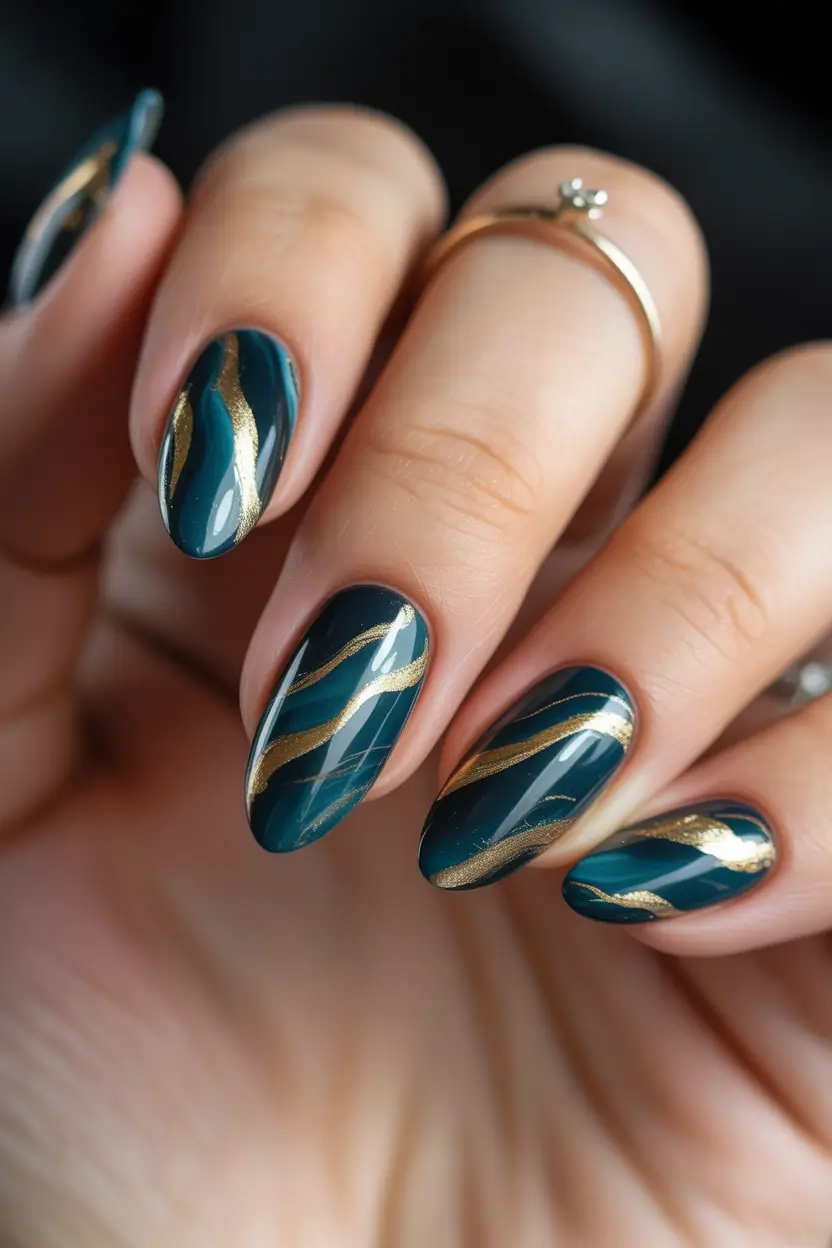 Dark Winter Nail Colors Emerald Waves with Gold